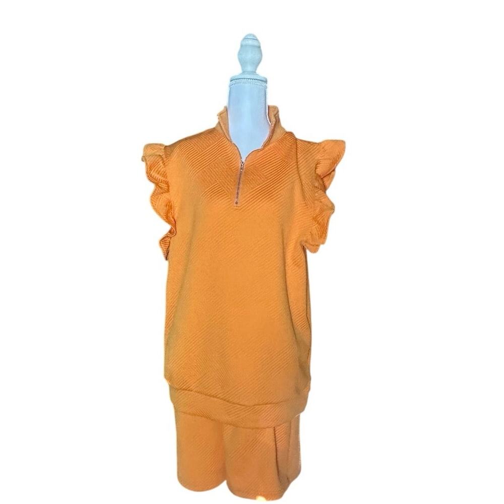 Orange Large Ruffled Zip Mock Neck Casual Textured Geometric  Shirt Short Set